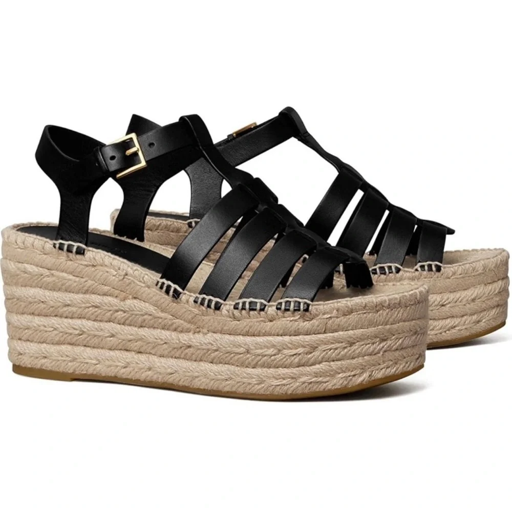 Tory Burch Fisherman Espadrille Platform Wedge Sandal Black Leather Size 10.5